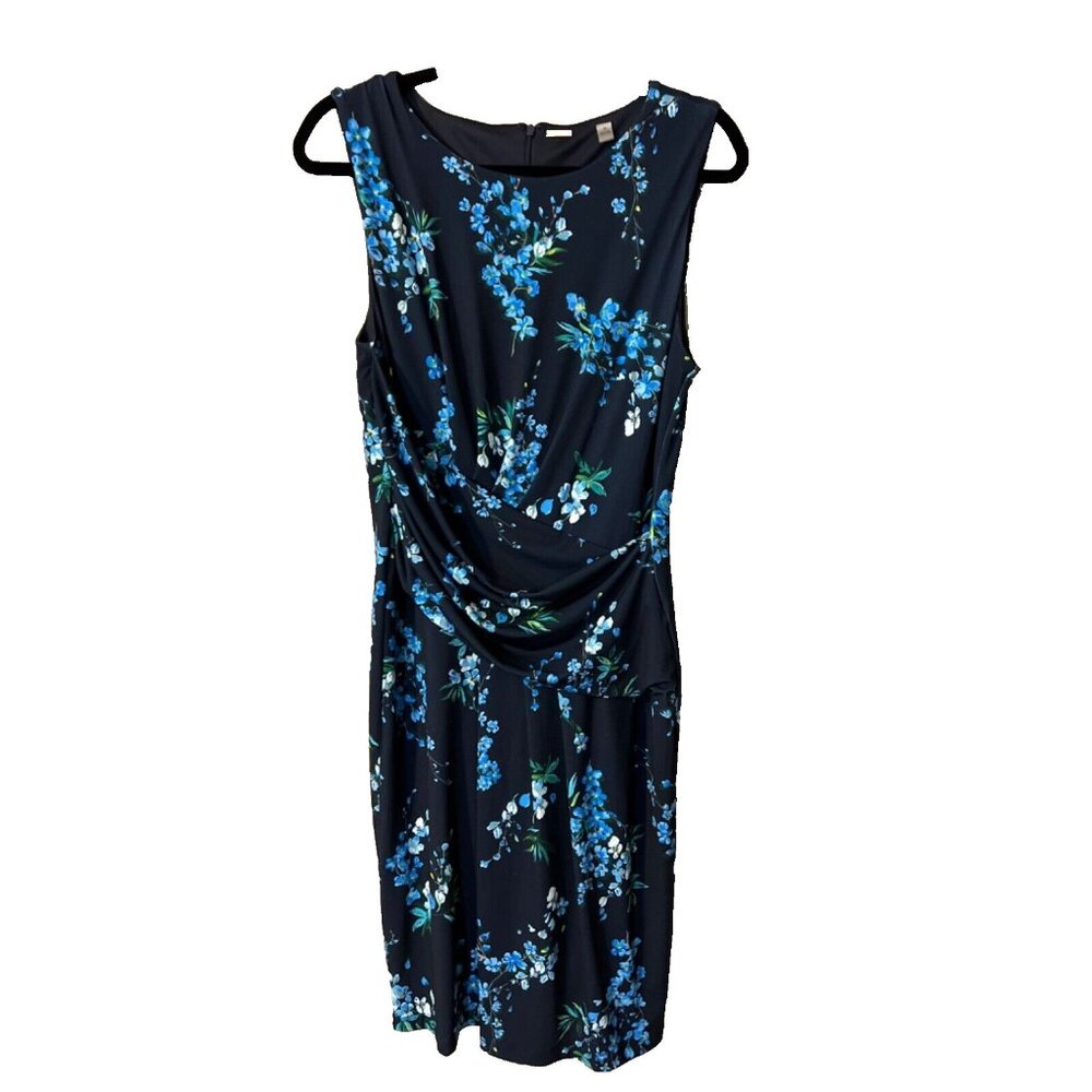 T Tahari Dress 10 Blue Floral Sleeveless Stretch Sheath Career Church Washable - Picture 6 of 9